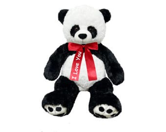 Large 3 Foot Panda Teddy Bear Plush Toy with Red Ribbon (I Love You)