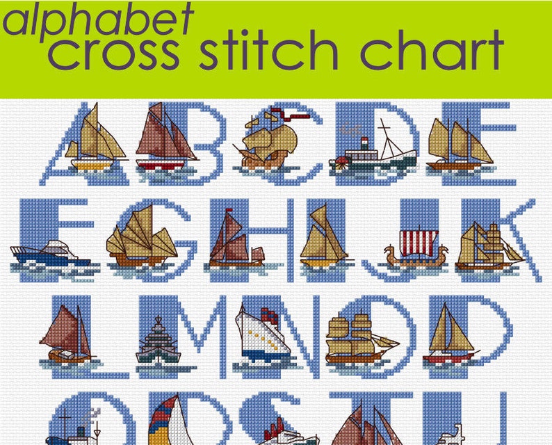 Ship Alphabet Sampler Cross Stitch Chart PDF, Nautical Alphabet, Maritime Alphabet PDF CHART image 1