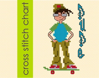 Skater Dude cross stitch chart, Skater Boy cross stitch, PDF download