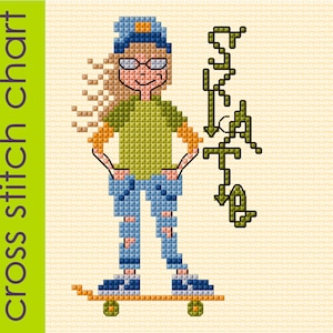 Skate Girl cross stitch chart, Skateboard cross stitch, PDF download