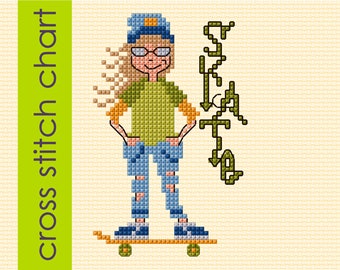 Skate Girl cross stitch chart, Skateboard cross stitch, PDF download