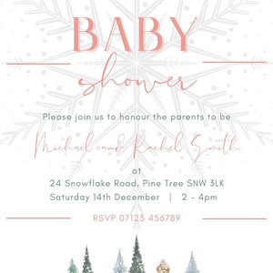 Könnte beinhalten: Babyparty-Einladung mit Winterthema. Der Text enthält "BABY shower", die Namen der Eltern und Veranstaltungsdetails. Eine Aquarellillustration einer roten Scheune, eines Lastwagens und verschneiter Bäume befindet sich unten. Die Einladung ist auf weißem Hintergrund.