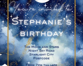 Digital Birthday Party Downloadable Personalise Customisable e-Invite Phone Invitation Full Moon Night Sky Starry Stars Navy Blue Gold