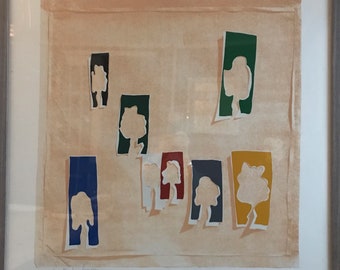 May include: A beige background with colorful rectangular shapes containing white silhouettes of trees. The text "199 - In Loving Memory" is in the bottom left corner.