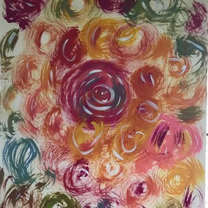 Könnte beinhalten: Abstrakte Malerei mit wirbelnden Kreisen in Rot-, Orange-, Gelb-, Grün- und Blautönen. Die Kreise sind auf einem weißen Hintergrund gemalt.