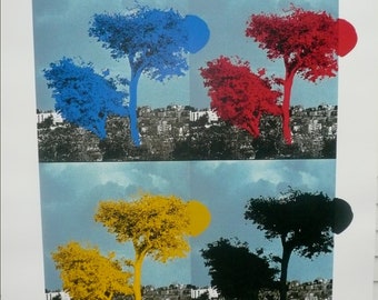 May include: A print of four trees, each with a different colored canopy: blue, red, yellow, and black. The trees are set against a backdrop of a city skyline.