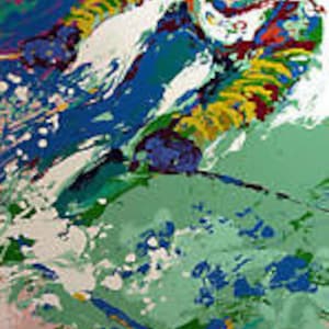 May include: A colorful abstract painting of a skier in mid-air, with splashes of blue, green, yellow, and white paint.