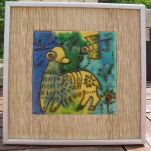 Artisan Ceramic Tile Art Seagrass Matt with Satin Silverstone Frame  &quot;The Fawn & Bird&quot; No. 20