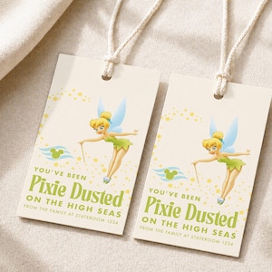 May include: Two rectangular off-white gift tags with white string loops. Each tag features a graphic of a blonde fairy with blue wings, yellow stars, a green Mickey Mouse icon, and the text: YOU'VE BEEN PIXIE DUSTED ON THE HIGH SEAS FROM THE FAMILY AT STATEROOM 1234.
