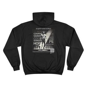 May include: Black hoodie with a grayscale graphic of a runner, the words "Bryant Kaur Komac", "Hope", "Courage", and "Determination". The hoodie includes the text "Marathon of Hope" and a QR code.