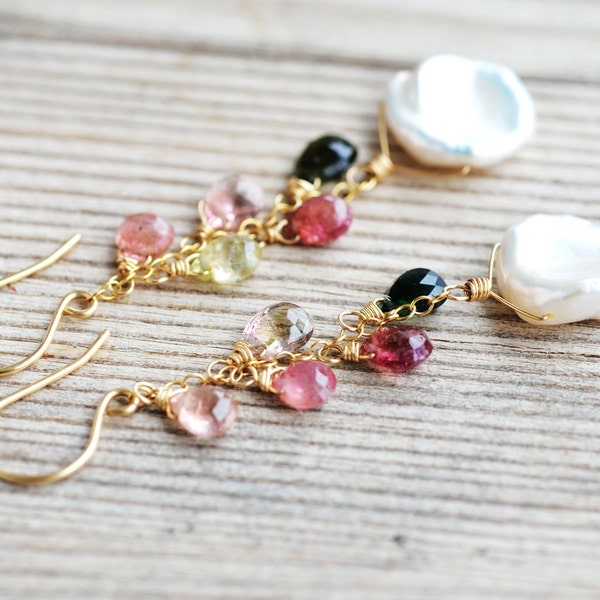 Keishi Pearl and Tourmaline 14k Gold Filled Earrings - Multi Color - Watermelon - Wire Wrapped Briolettes - Keishi Pearls