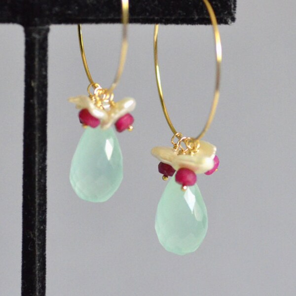 Aqua Blue Chalcedony Dangle on 14k Gold Filled Hoop Earrings - Keishi Pearl and Genuine Ruby Flower Earrings - Wire Wrapped