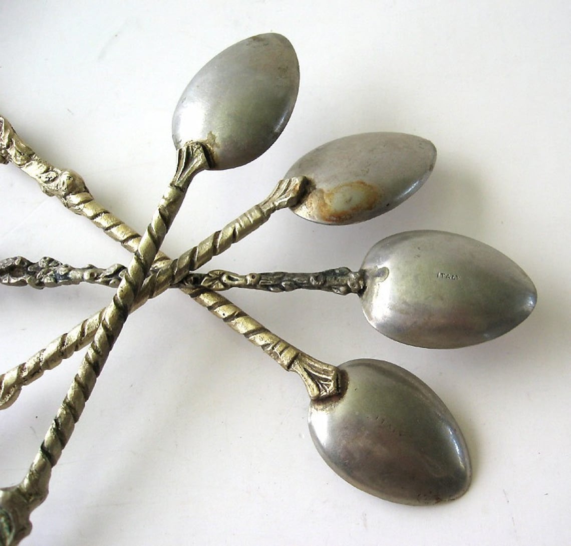 Four Long Spoons Vintage Italy Figural Brass Silverplate Etsy