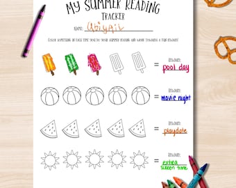 May include: A summer reading tracker with the title "MY SUMMER READING TRACKER" and the name "Abigail" written on it. The tracker includes illustrations of ice lollies, beach balls, watermelon slices, and suns. Crayons and pretzels are also visible.