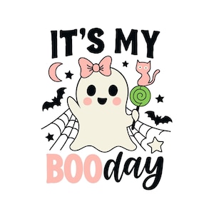 It's My Boo Day svg png、ピンクのリボン、コウモリ、クモの巣が付いたかわいいハロウィンの誕生日のゴースト、女性、女の子、子供、お父さん、お母さん、娘、息子向け。