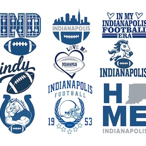 Puede incluir: Una colección de gráficos en azul y blanco con el tema del fútbol de los Indianapolis Colts. Los diseños incluyen balones de fútbol, ​​horizontes de ciudades, la palabra "IND" en un diseño de campo de fútbol y las palabras "Indy", "Home" e "Indianapolis".
