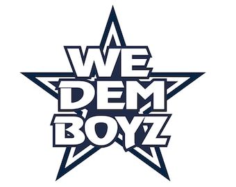 May include: A navy blue star graphic with the text "WE DEM BOYZ" in white block letters. The star has a dark blue outline and a white interior. The text is also outlined in navy blue.