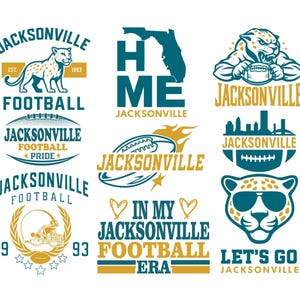 May include: A selection of Jacksonville Football logos in teal, gold, and white. Designs feature a jaguar, footballs, the Florida outline, and text including "Jacksonville Football", "Let's Go Jacksonville", and "In My Jacksonville Football Era".