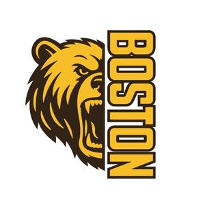 May include: A graphic logo featuring a roaring bear head in yellow and brown, with the word "BOSTON" in vertical yellow letters on a white background. The bear's face is detailed with sharp teeth and an angry expression.