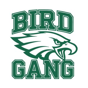 May include: Green and white graphic design with the text "BIRD GANG" and a stylised image of an eagle's head.