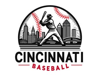 Può includere: Logo di baseball in bianco e nero con un battitore davanti a uno skyline urbano. Le parole "CINCINNATI BASEBALL" sono in evidenza, con "BASEBALL" in rosso. È incluso anche un design di baseball rosso.