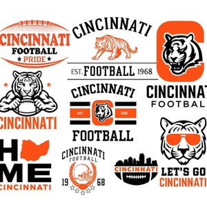 Könnte beinhalten: Eine Sammlung von Logos zum Thema Cincinnati Football in Schwarz und Orange. Designs beinhalten einen Tiger, Fußbälle und die Wörter "Cincinnati" und "Football". Einige Logos zeigen den Text "Pride" und "Let's Go Cincinnati."