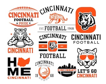 May include: A collection of Cincinnati football-themed logos in black and orange. Designs include a tiger, footballs, and the words "Cincinnati" and "Football." Some logos feature the text "Pride" and "Let's Go Cincinnati."