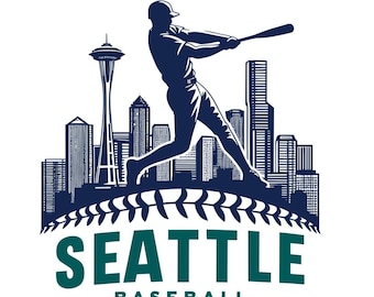 May include: A navy blue and teal graphic featuring a baseball player swinging a bat, silhouetted against a cityscape. The Seattle skyline includes the Space Needle. The words "SEATTLE BASEBALL" are displayed below the cityscape.