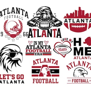 May include: A collection of Atlanta football-themed graphics in red, black, and white. Designs include an eagle, footballs, the Atlanta skyline, and text such as "Atlanta Football," "Let's Go Atlanta," and "Home."