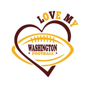 Könnte beinhalten: Ein braunes Herz mit einem gelben Football darin. Der Football trägt den Text "WASHINGTON FOOTBALL". Der Text "LOVE MY" befindet sich über dem Herzen.