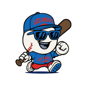 Puede incluir: Un personaje de béisbol de dibujos animados con gorra azul y gafas de sol, sosteniendo un bate marrón. La gorra y la camisa dicen "LOS ANGELES" en rojo. La pelota de béisbol tiene un diseño de costura roja y está sonriendo.