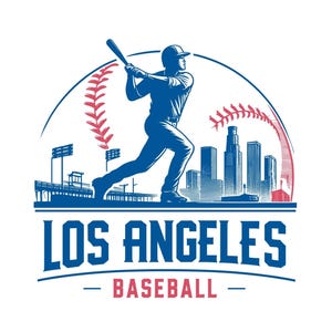 May include: A blue and red baseball-themed graphic featuring a baseball player swinging a bat, with the Los Angeles skyline in the background. The text "LOS ANGELES BASEBALL" is displayed below the image.