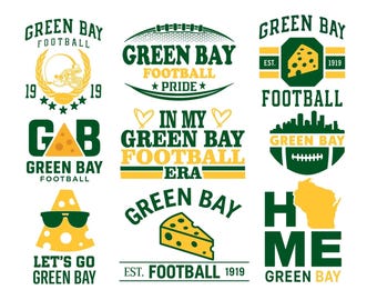 May include: A collection of green and yellow Green Bay Packers football-themed logos. Designs include a football helmet, a football, a cheese wedge, and the state of Wisconsin. Text includes "Green Bay Football" and "Let's Go Green Bay."