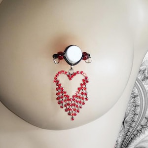 PAIR Fake Barbell  - NON PIERCING nipple jewelry-Rhinestone Red Heart