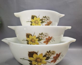 Raro set di 3 ciotole impilabili Pyrex modello Cenerentola, decorazione floreale autunnale.