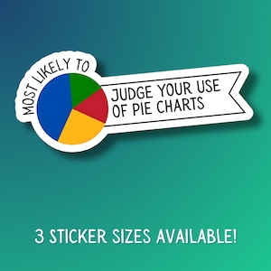 May include: A white sticker featuring a pie chart graphic and the text "MOST LIKELY TO JUDGE YOUR USE OF PIE CHARTS." The pie chart is segmented into blue, green, red, and yellow sections. The sticker also includes the text "3 STICKER SIZES AVAILABLE!"