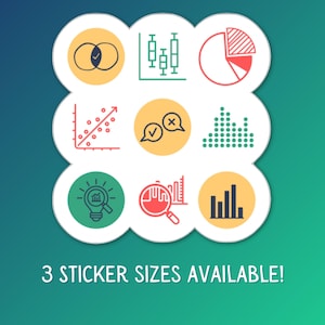 May include: A collection of nine colorful stickers with business and data analysis icons, including charts, graphs, and checkmarks. The text "3 STICKER SIZES AVAILABLE!" is at the bottom. The stickers are on a gradient green background.