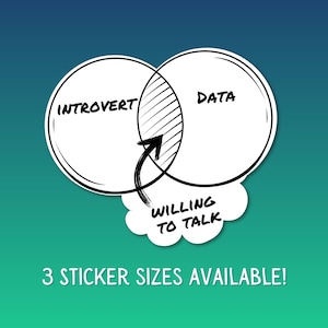 May include: A white and black Venn diagram sticker with the words "Introvert" and "Data" in separate circles, overlapping with the words "Willing to Talk." The sticker has a gradient teal and blue background. The text "3 Sticker Sizes Available!" is at the bottom.