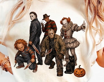 レトロホラー映画PNG、ハロウィンホラースクワッド昇華デザイン、クラシックスラッシャーキャラクターTシャツグラフィック、デジタルファイルダウンロードPNG