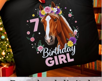 7th Birthday Horse Shirt PNG, Horse Lover Birthday Girl Sublimation, Floral Horse Clipart, Seven Years Old Birthday, Equestrian Gift Design