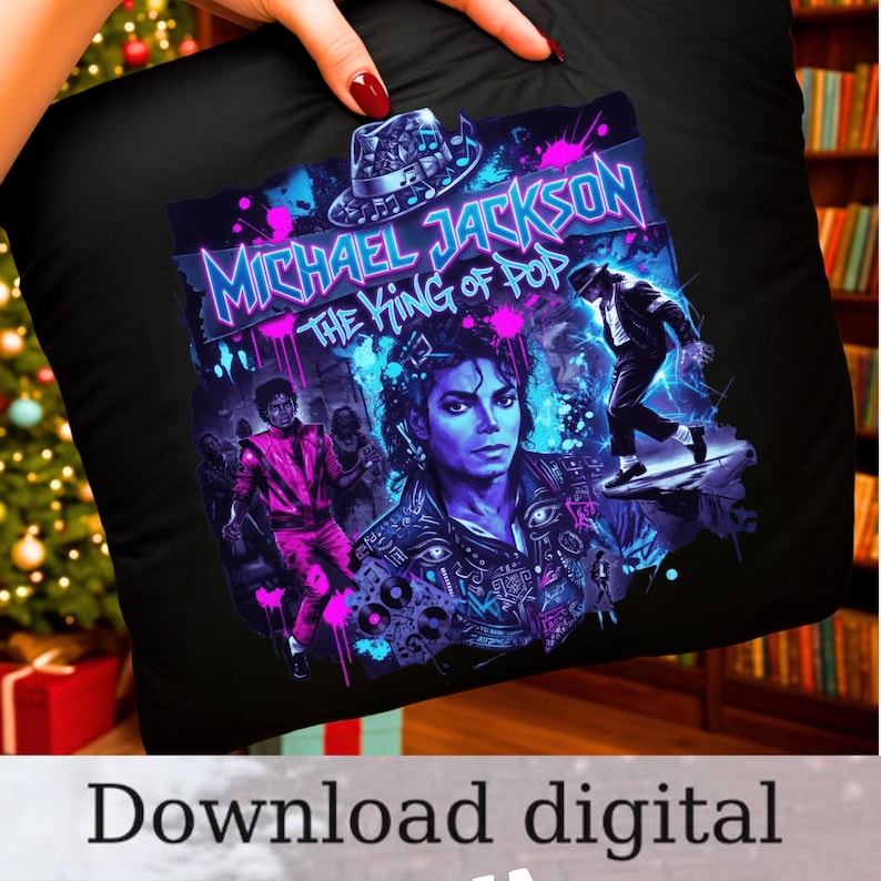 May include: Black pillow featuring a vibrant graphic of Michael Jackson with the text "Michael Jackson The King of Pop." The design includes images of Jackson in various poses, with neon blue and purple accents.