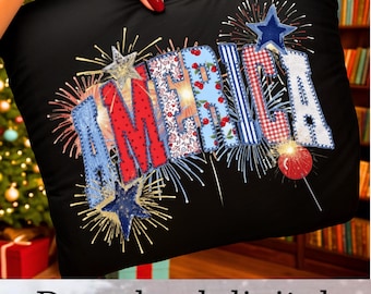 Patriotic America PNG Sublimation Design, 4th of July Shirt Graphic, Red White Blue Patchwork Floral T-Shirt Art, Independence Day Digital