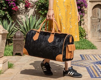 Schwarze Reisetasche aus Rindsleder, handgefertigte marokkanische Reisetasche, hellbraune Leder-Wochenendtasche, Handgepäck für Übernachtungen, Geschenk für Sie oder Ihn