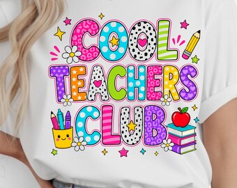 クールな先生クラブPNG、新学期教師昇華プリント、カラフルなプレッピー教師グラフィック、教育者感謝パーカーデジタルダウンロード