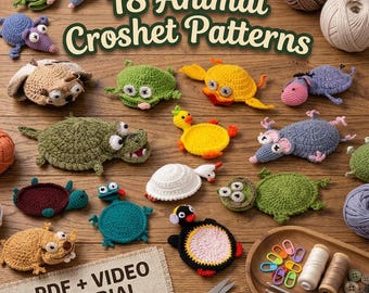 18 Animal Crochet Coaster Patterns Bundle - Cute Mug Huggers PDF & Video Tutorial - Beginner Friendly Animal Coasters - Instant Download