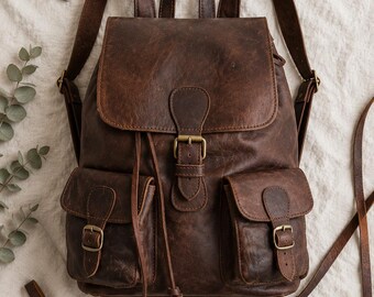 Handgefertigter marokkanischer Lederrucksack | Vintage-Rucksack aus echtem Leder | Boho-Reisetasche aus Marrakesch | Schul- und Sportrucksack für Damen