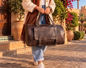 Handgefertigte Reisetasche aus marokkanischem Ziegenleder | Vintage-Wochenendtasche | Hergestellt in Marrakesch | Echte Leder-Reisetasche für Übernachtungen | Verfügbar