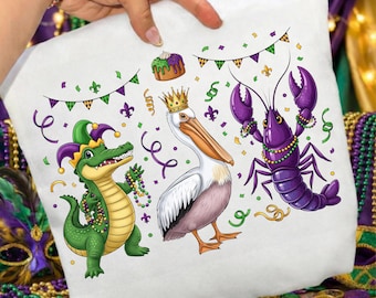 Mardi Gras Animals PNG, New Orleans Alligator Pelican Crawfish Shirt Design, NOLA Carnival Sublimation Bundle, Fat Tuesday Digital Download