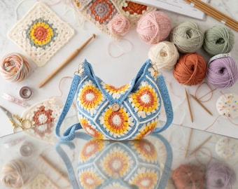 Crochet Pattern PDF, Sunburst Granny Square Bag, Boho Hobo Purse Tutorial, Sunflower Crochet Tote, DIY Retro Flower Bag, Digital Download