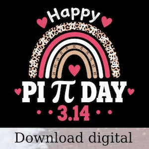 以下が含まれることがあります： 黒いPiの日のグラフィックデザイン。ヒョウ柄とピンク、白、タンのストライプの虹が特徴です。「Happy Pi Day」と「3.14」のテキスト、ハート、πの記号が含まれています。